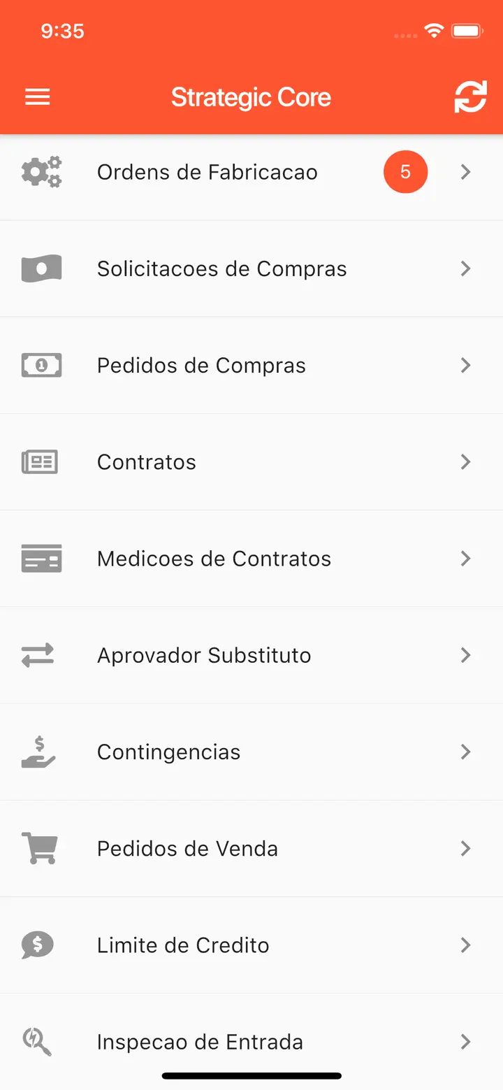 Strategic Core no iPhone: tipos de documento como ordens de fabricação, compras, contratos e pedidos de venda